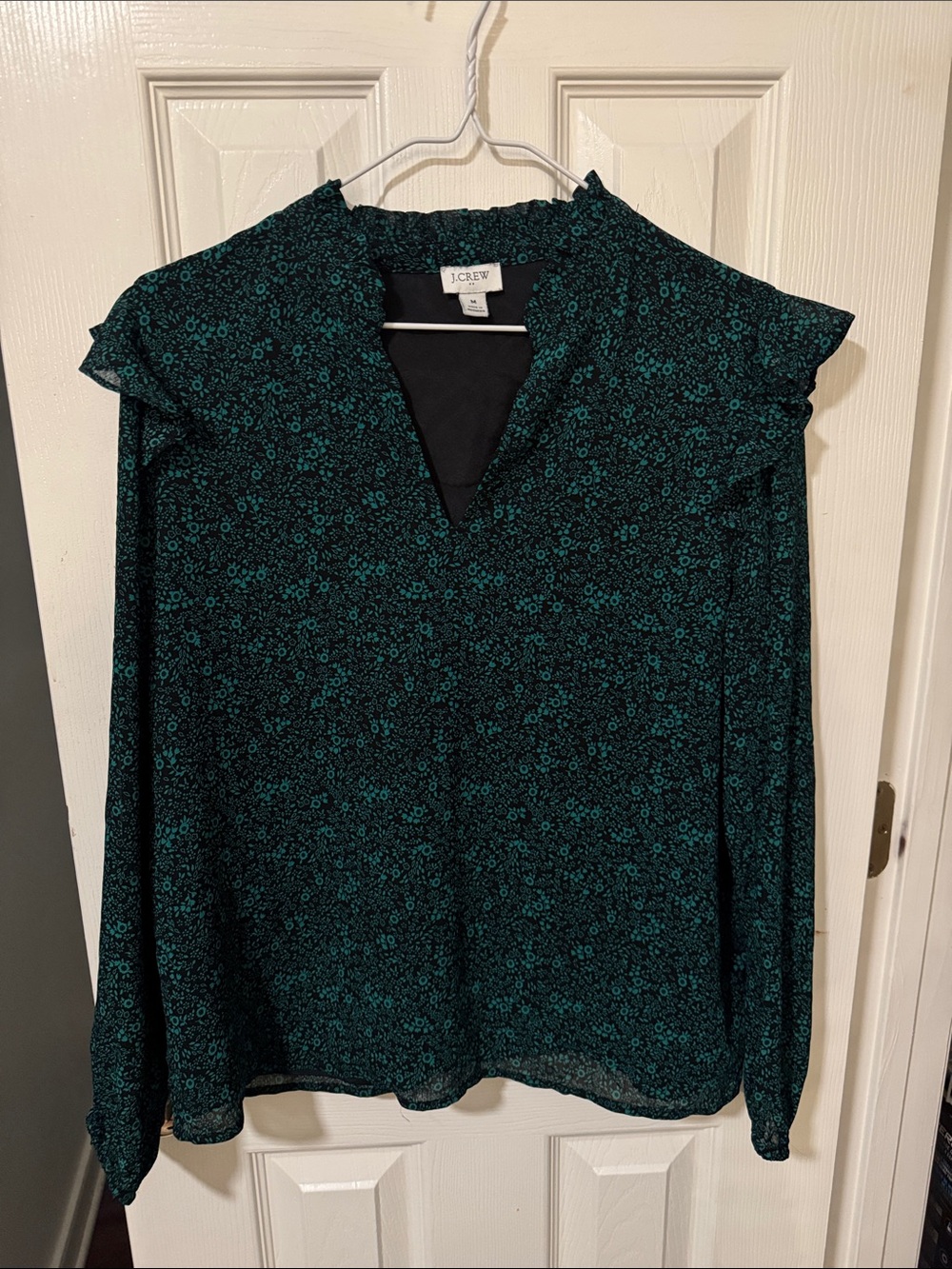 J. Crew Dark Green Floral Ruffle-Shoulder Blouse